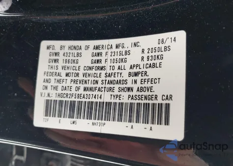 2014 Honda Accord Sport z USA, uszkodzony, nr VIN 1HGCR2F59EA307414